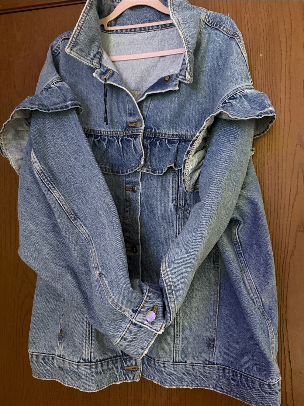 Denim Ruffle Detail Jacket - Light Blue